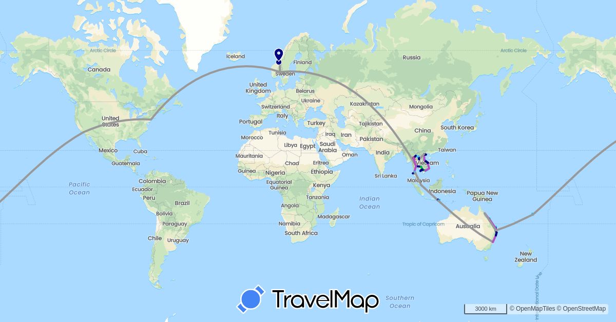 TravelMap itinerary: driving, bus, plane, train, hiking, boat in Australia, Fiji, Indonesia, Cambodia, Laos, Norway, Singapore, Thailand, United States, Vietnam (Asia, Europe, North America, Oceania)